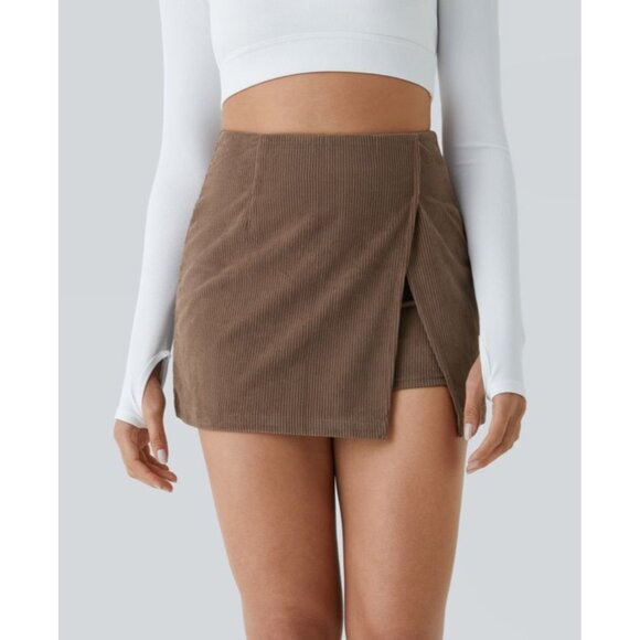 Halara High Waisted Back Zipper Split Hem 2-in-1 Corduroy Casual Skirt Sz XS Bro - Picture 9 of 9